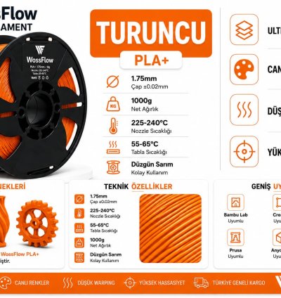 Wossflow Turuncu PLA Plus (PLA+) 3D Yazıcı Filamenti 1.75mm 1 kg