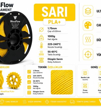 Wossflow Sarı PLA Plus (PLA+) 3D Yazıcı Filamenti 1.75mm 1 kg