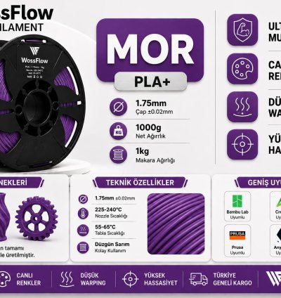 Wossflow Mor PLA Plus (PLA+) 3D Yazıcı Filamenti 1.75mm 1 kg