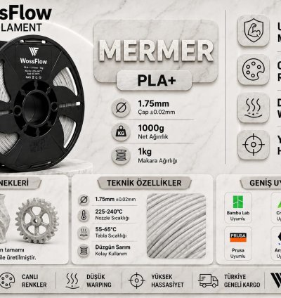 Wossflow Mermer PLA Plus (PLA+) 3D Yazıcı Filamenti 1.75mm 1 kg