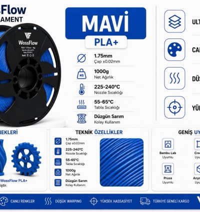 Wossflow Mavi PLA Plus (PLA+) 3D Yazıcı Filamenti 1.75mm 1 kg