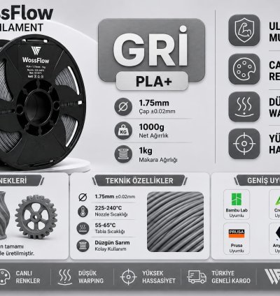 Wossflow Gri PLA Plus (PLA+) 3D Yazıcı Filamenti 1.75mm 1 kg