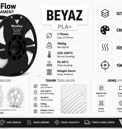 Wossflow Beyaz PLA Plus (PLA+) 3D Yazıcı Filamenti 1.75mm 1 kg