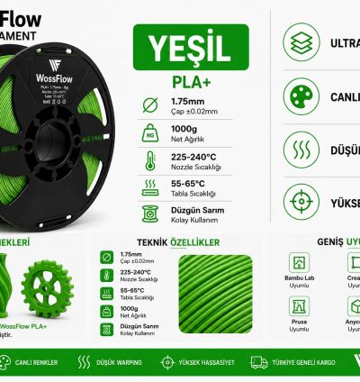 Wossflow Yeşil PLA Plus (PLA+) 3D Yazıcı Filamenti 1.75mm 1 kg