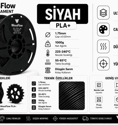 Wossflow Siyah PLA Plus (PLA+) 3D Yazıcı Filamenti 1.75mm 1 kg