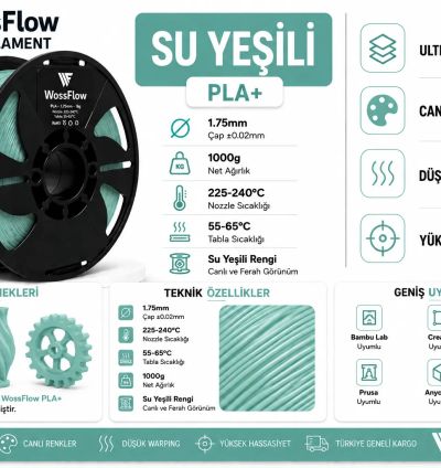 Wossflow Su Yeşili PLA Plus (PLA+) 3D Yazıcı Filamenti 1.75mm 1 kg