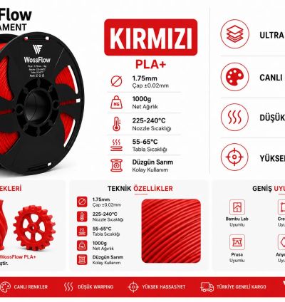 Wossflow Kırmızı PLA Plus (PLA+) 3D Yazıcı Filamenti 1.75mm 1 kg