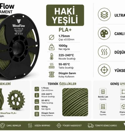 Wossflow Haki Yeşili PLA Plus (PLA+) 3D Yazıcı Filamenti 1.75mm 1 kg