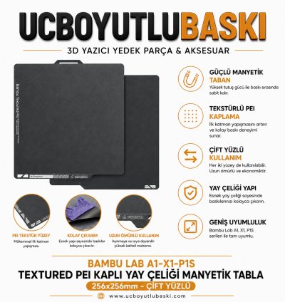 Bambu Lab A1-X1-P1S Textured Pei Kaplı Yay Çeliği Manyetik Tabla - 256x256mm - Çift Yüzlü