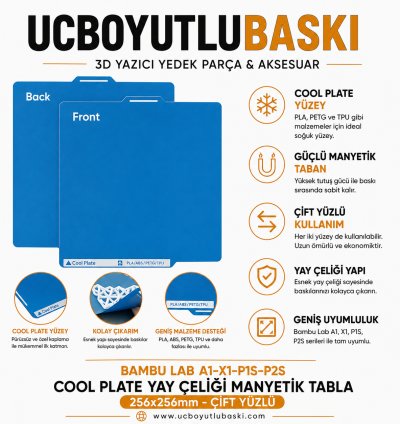 Bambu Lab A1-X1-P1S-P2S Cool Plate Yay Çeliği Manyetik Tabla - 256x256mm - Çift Yüzlü